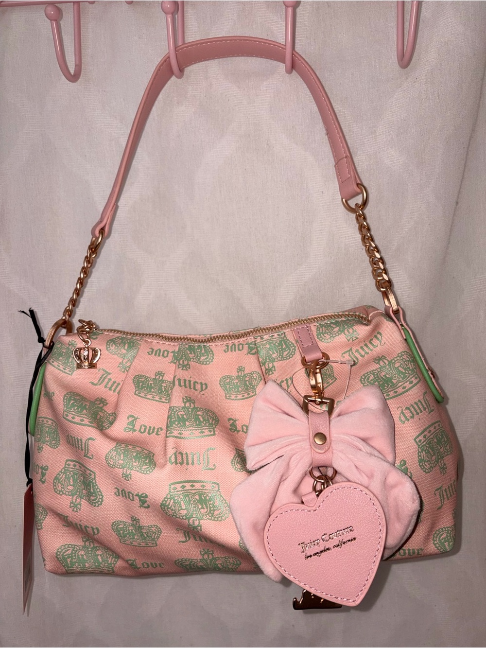 JUICY COUTURE Pink Shoulder Bag with Green Logo Print & Bow Charm 💕💚👑